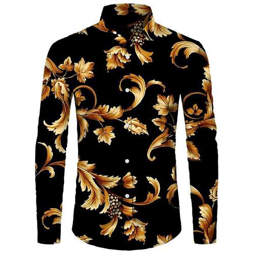 Printed long-sleeved slim lapel shirt 印花长袖修身翻领衬衫男