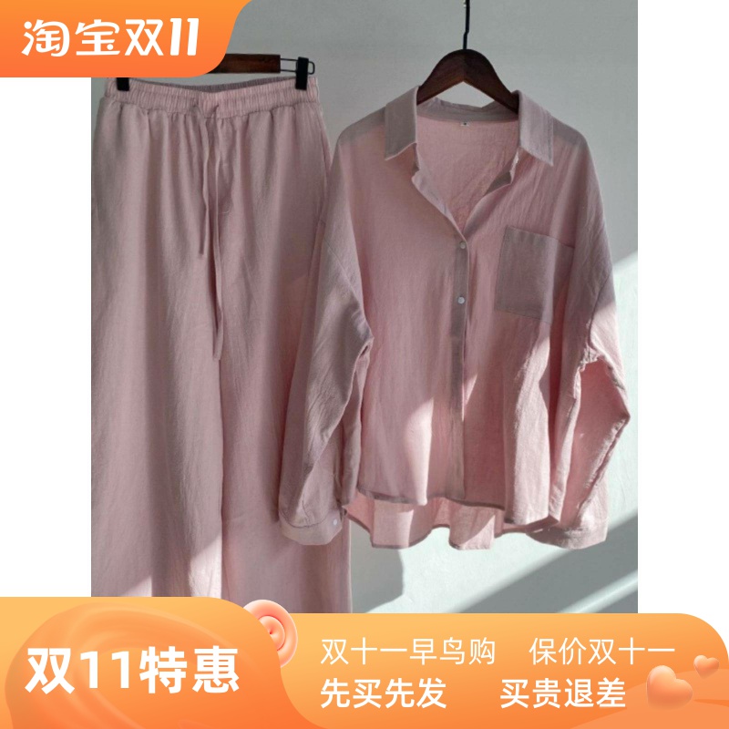 Ladies 2 Piece Set Cotton Linen Shirt Suit Loose Pants套装