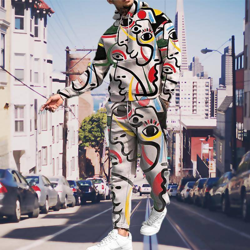 Printed hooded sweater and pants suit 印花连帽卫衣卫裤套装男