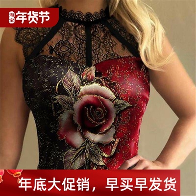 Casual printing lace T-shirt for women 休闲印花蕾丝花边T恤女