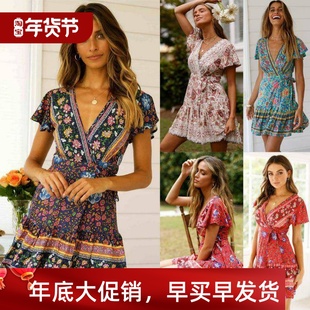 sexy neck printed dress V领性感印花连衣裙 Fashion femal时尚