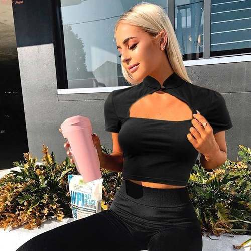 Women T shirts Harajuku Short Sleeve Crop Top Hollow Out