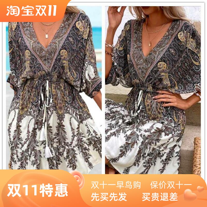 New fashionable V-neck printed one-piece dress 印花V领连衣裙