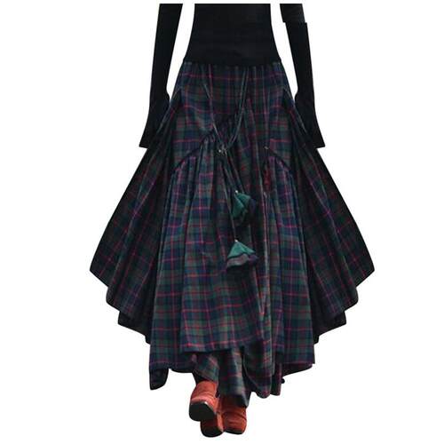 Plaid  stitching irregular long skirt 格纹拼接不规则半身长裙