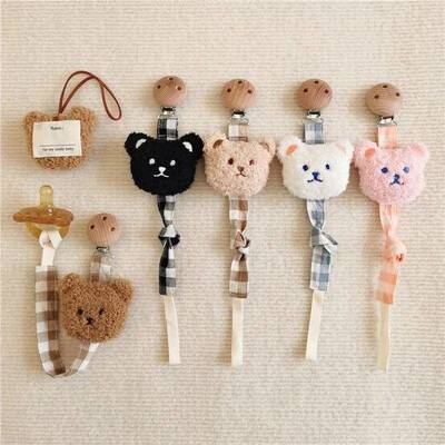 Ins Cute Bear Wooden Soother Clips Baby Pacifier Holder Plai