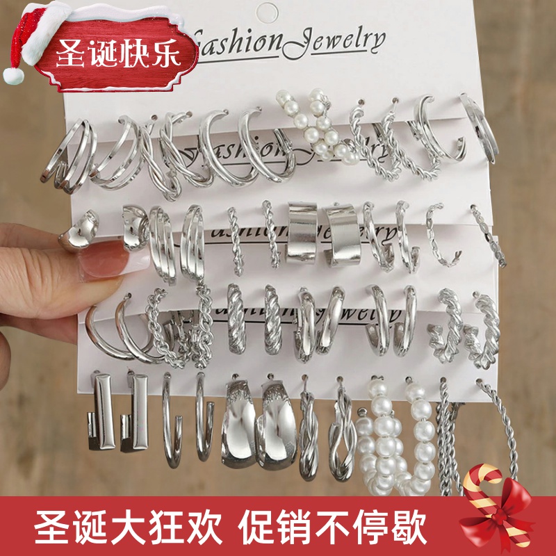 Silver Color Pearl Twist Hoop Earrings Set For Women Jewelry