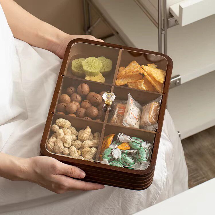 竹质线条分格带盖家用大容量茶点心收纳盒零食干果碟多功能储物箱