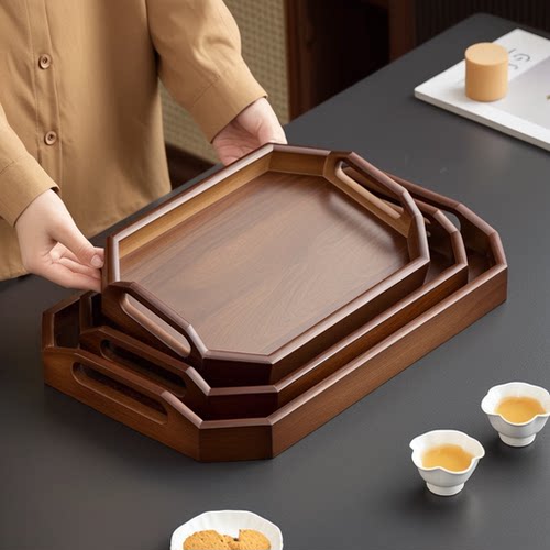 日式复古八角提手茶具收纳托盘