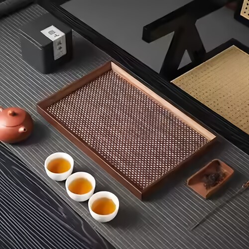 日式竹木胡桃色托盘家用水杯点心收纳盘长方形竹盘酒店餐厅托盘