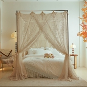 浪漫落地款 蕾丝花边蚊帐家用三开门法式 公主提花宫廷床幔加粗支架
