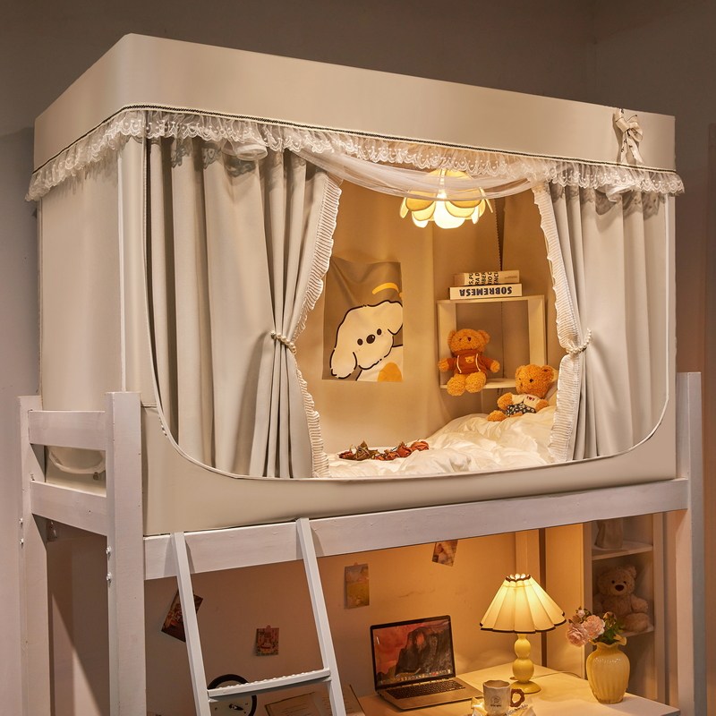 新款学生宿舍专用拉链蚊帐三开门上铺加厚支架棉麻强遮光坐床帘款