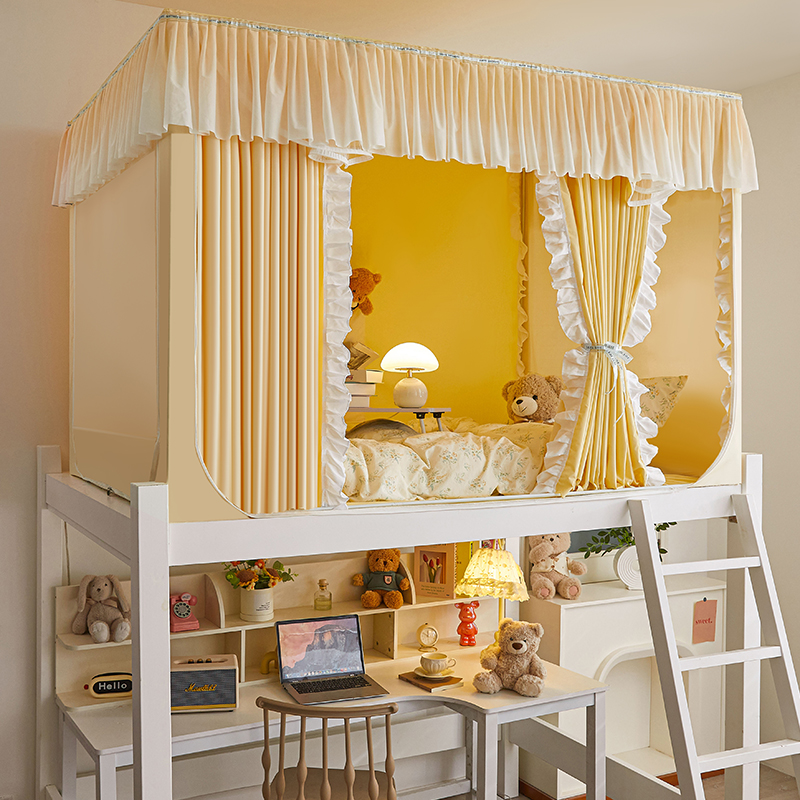 新款加厚防蚊纱帐遮光学生宿舍专用蚊帐三开门上下铺一体式床帘款