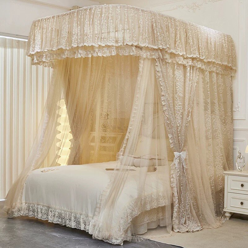 法式蕾丝提花双层蚊帐家用1.8三开门公主床幔U型双轨道铝合金支架