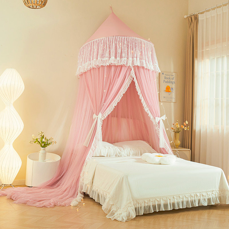 新款圆顶落地蚊帐家用蕾丝公主吊顶免安装加密蚊帐1.8m免打孔吸顶