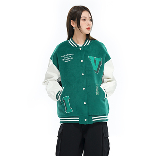 学院拼接夹克pu绿色棒球服宽松开衫 美式 夹棉外套 女款 vimech25男款