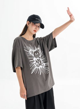 VIMEC夏季新款24ss男女同款小熊玩偶短袖百搭宽松国潮情侣嘻哈T恤