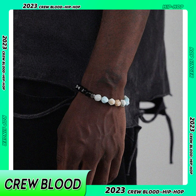 CREW欧美黑曜石亚马逊石拼接手链嘻哈男高级感小众弹力绳复古时尚