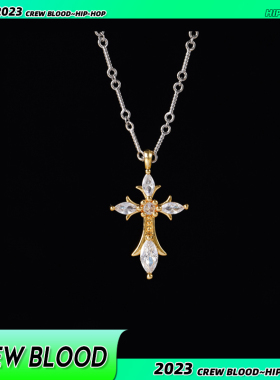 满钻十字架项链钛钢金色