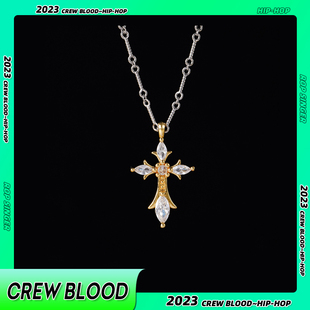 CREW复古满钻十字架项链钛钢金色锆石镶嵌小众复古情侣项链