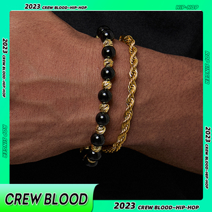 CREW欧美黑色叠戴拼接手链麻花手链钛钢男小众复古嘻哈高级感