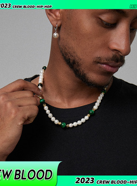 CREW欧美绿虎眼石拼接珍珠项链男美式锁骨链女同款高级感