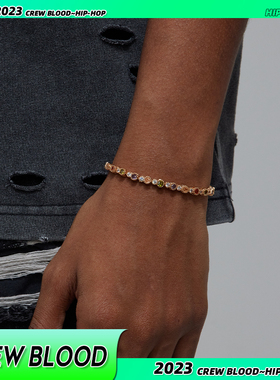 CREW欧美圆形彩色拼接网球手链金色hiphop小众街头情侣手镯