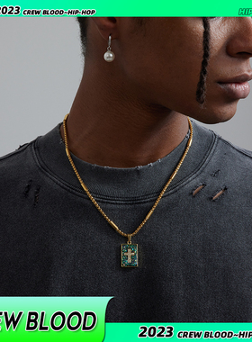 CREW欧美十字方牌绿色项链钛钢金色hiphop古巴链小众街头配饰