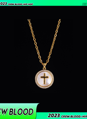 CREW欧美圆牌十字架满钻项链男hiphop时尚街头饰品礼物美式小众