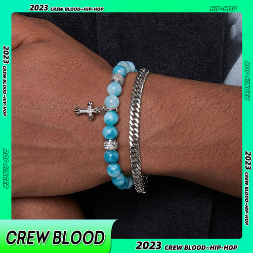 CREW欧美十字架蓝色珠串手链叠戴古巴手链钛钢时尚小众复古情侣款