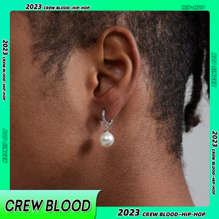 CREW欧美925纯银满钻珍珠耳环男嘻哈百搭个性 耳饰钻石耳钉