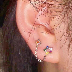 彩色五角星双耳钉链条耳环彩虹星星耳钉高级感小众设计耳饰女