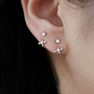 S925银针养耳洞锆石耳钉女小众设计高级感星星耳饰后挂式甜酷耳环