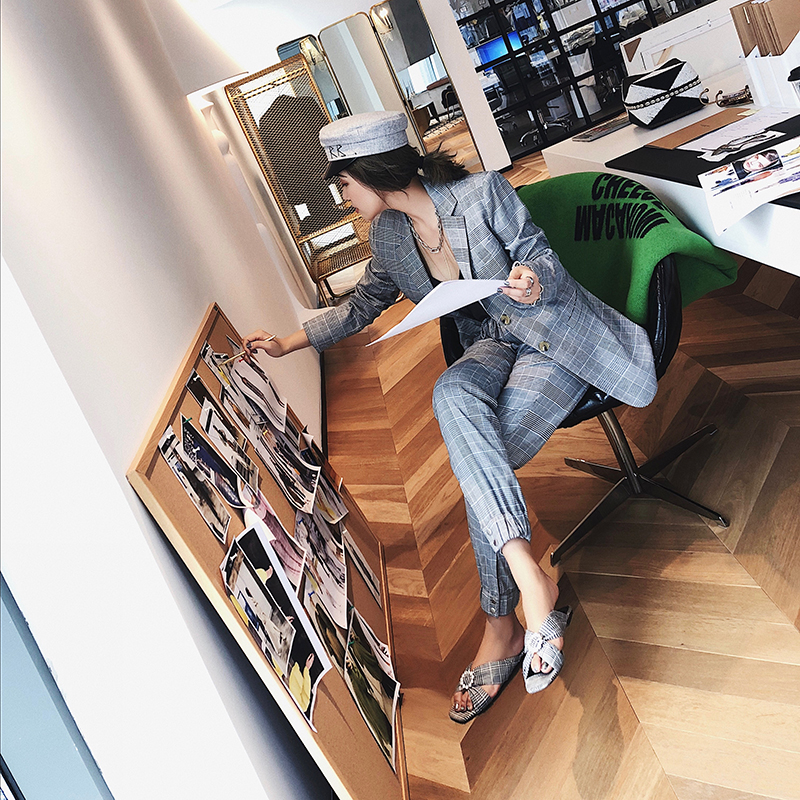 TKSTYLE¶¨ÖÆ 2018s/sÏļ¾Ð¿¿î»Ò¸ñ×ÓÆøÖÊÓ¢Â×·çСÎ÷×°Ì××°Å®