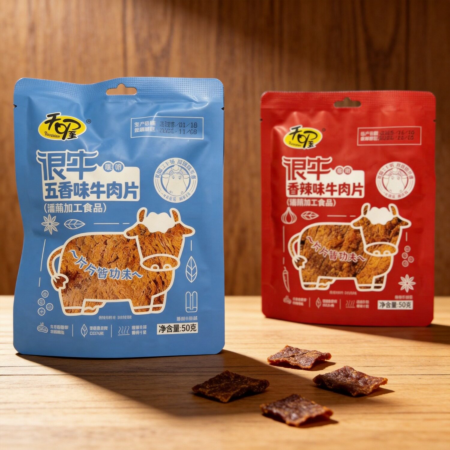 天喔牛肉片50克香辣味五香味休闲零食肉干大片牛肉临期特价