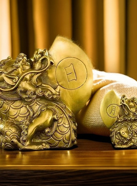 日月睚眦摆件黄铜日月神兽铜制龙斧子家用桌面装饰大小睚眦神兽o