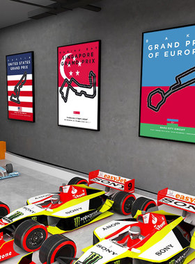 F1赛车赛道装饰画汽修店斯帕蒙扎巴林银石跑道挂画电竞房车库壁画
