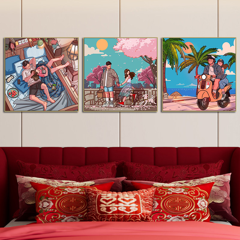 情侣挂画韩国ins风插画卧室卡通装饰画婚纱店背景墙手绘人物壁画