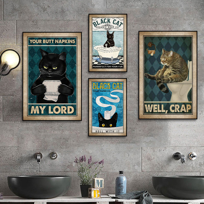 浴室装饰画复古美式卫生间恶搞猫咪挂画厕所洗漱台创意海报壁画