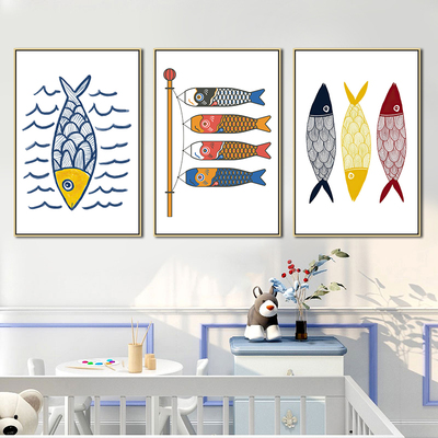 手绘鱼插画画廊餐厅客厅日式挂画