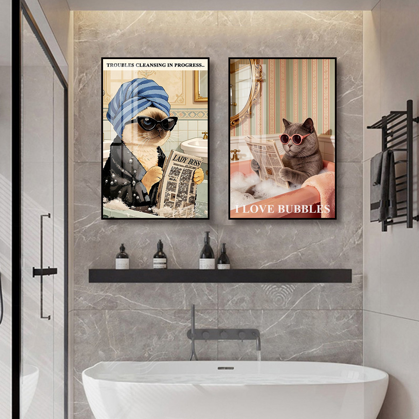 猫咪浴室装饰画浴缸泡澡卡通小猫看报纸挂画卫生间厕所防水壁画