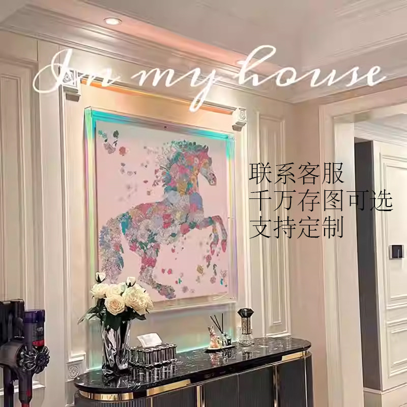 高端丝巾挂画亚克力透明画框装裱装饰画客厅沙发玄关粉色飞马壁画