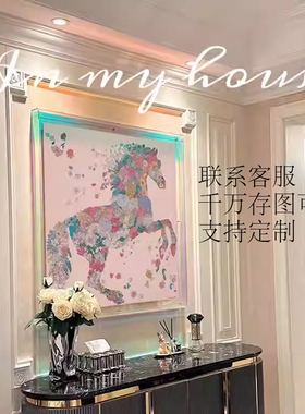 高端丝巾挂画亚克力透明画框装裱装饰画客厅沙发玄关粉色飞马壁画