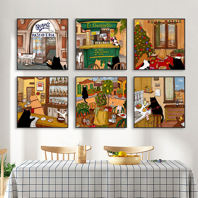 卡通猫咪装饰画治愈系西餐厅烘焙店墙面挂画咖啡厅小酒馆厨房壁画