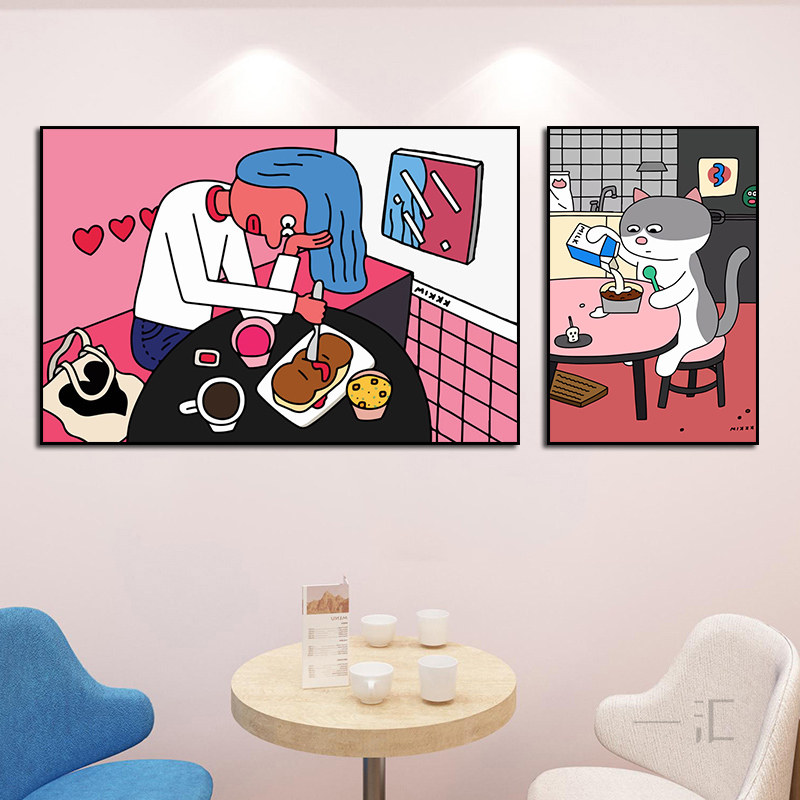 韩国插画装饰画可爱卡通披萨店挂画咖啡店炸鸡店牛奶店小众壁画