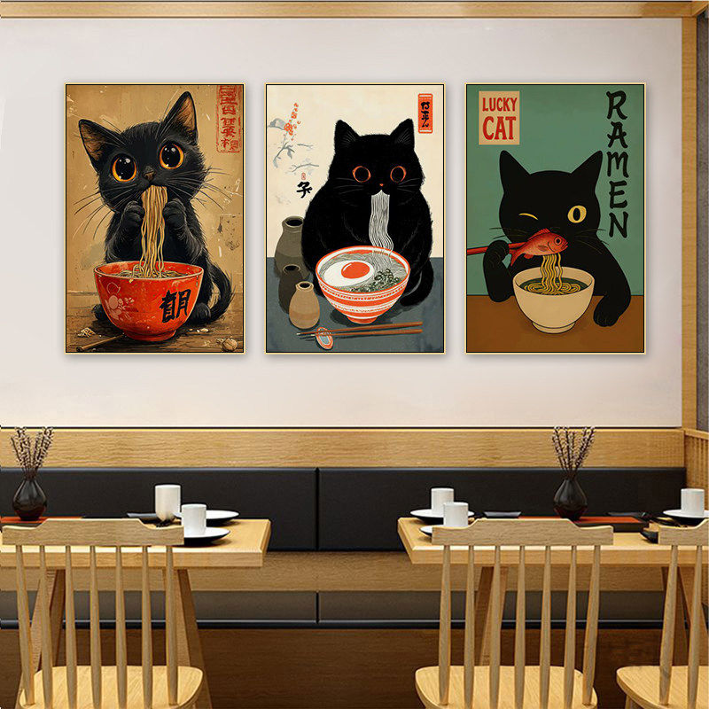 黑猫拉面三联装饰画和风卡通猫咪餐厅挂画居酒屋日料店厨房壁画