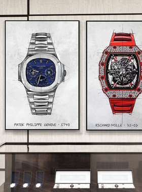 手表挂画名表养护维修店钟表店墙面装饰画高档奢侈品手绘线稿壁画