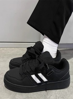 黑色加绒德训女鞋秋季2025新款百搭板鞋chic休闲百搭增高运动鞋女