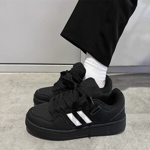 黑色加绒德训女鞋秋季2025新款百搭板鞋chic休闲百搭增高运动鞋女