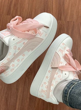 原创学生党拼色覆古滑板鞋女ins百搭小众面包鞋漫行白粉休闲鞋女