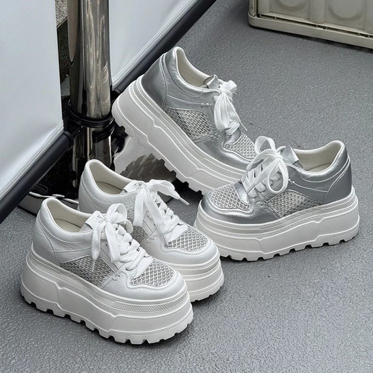 透气网面小白鞋女2025夏季新款厚底松糕鞋百搭休闲时尚内增高板鞋